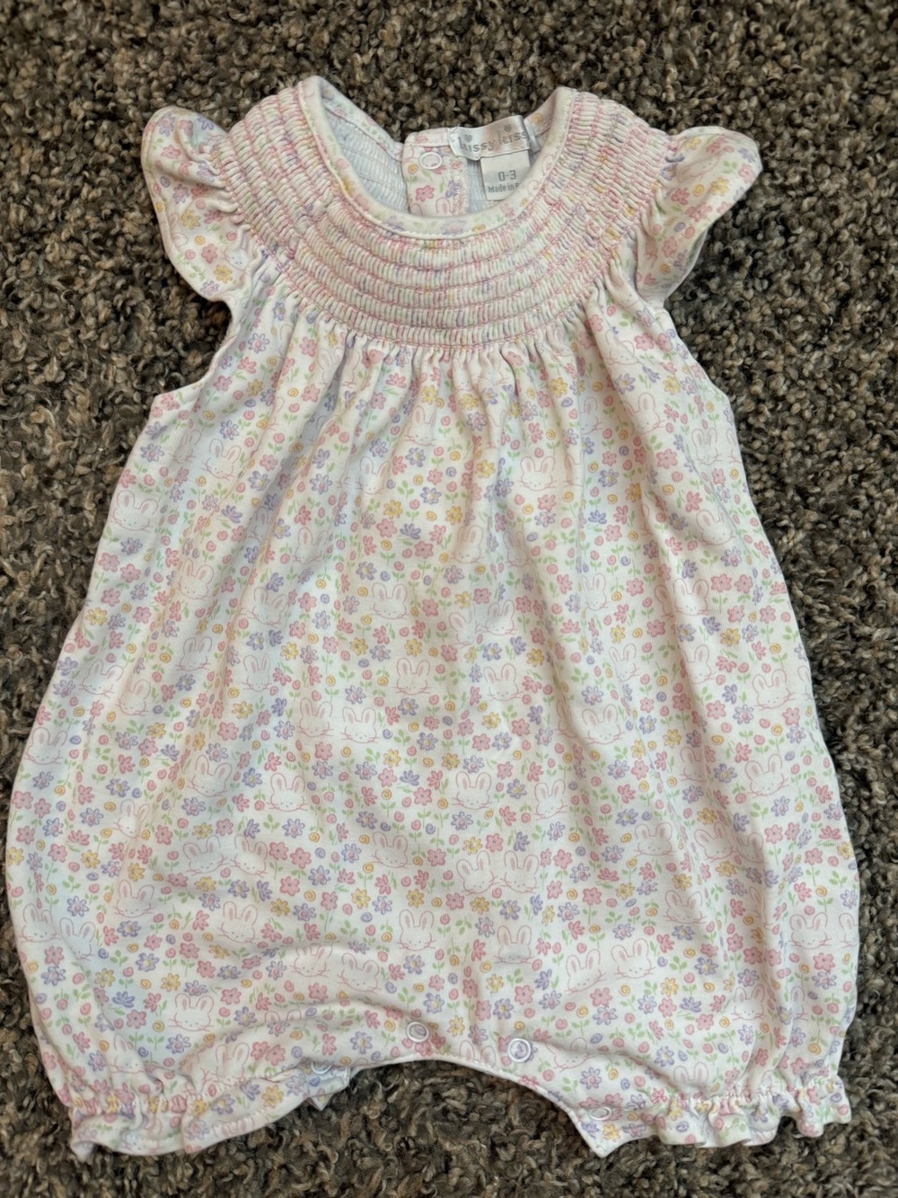 Kissy Kissy Baby Girl Smocked Floral Baby Romper- Pastel floral bunny- EUC 0-3mo